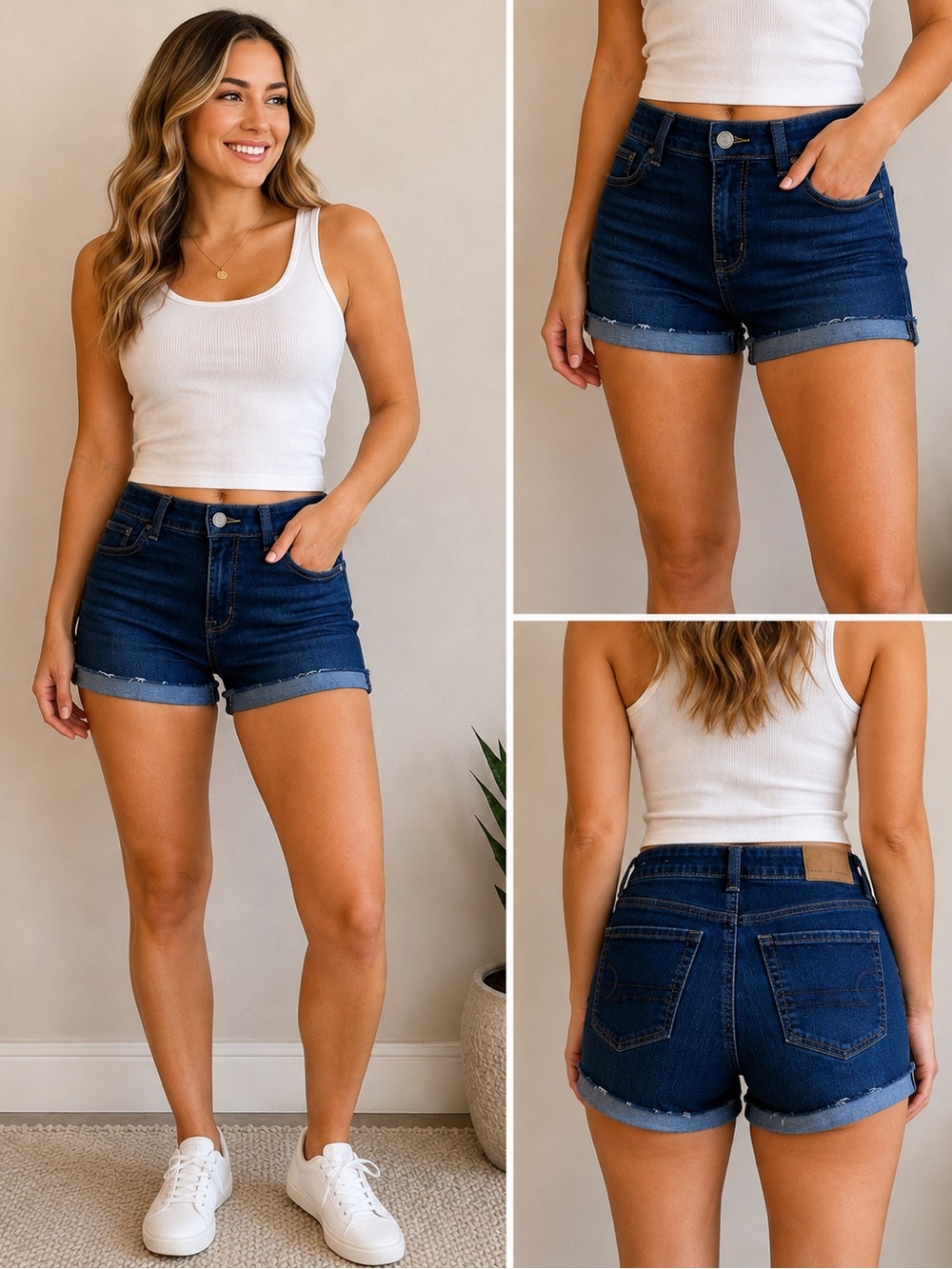 American Eagle Hi-Rise Shortie Dark Wash Denim Cuffed Jean Shorts Classic Summer